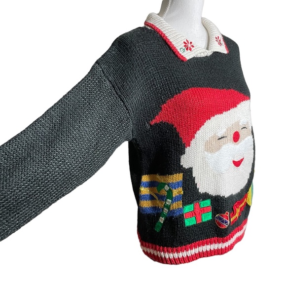 Santa Embroidered Sweater S Collared Floral Presents Vintage Knit Textured - Picture 5 of 14